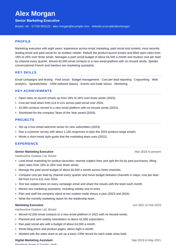 Modern design, tailored resume for the fictional Alex Morgan, page 1
