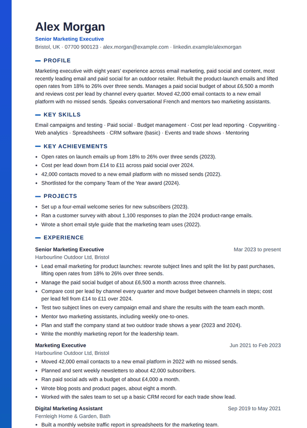 Side band design, tailored resume for the fictional Alex Morgan, page 1