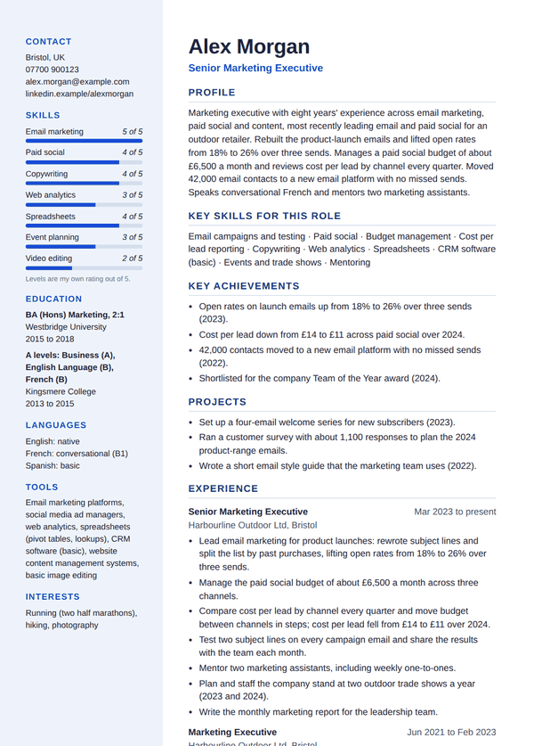 Skill bars design, tailored resume for the fictional Alex Morgan, page 1