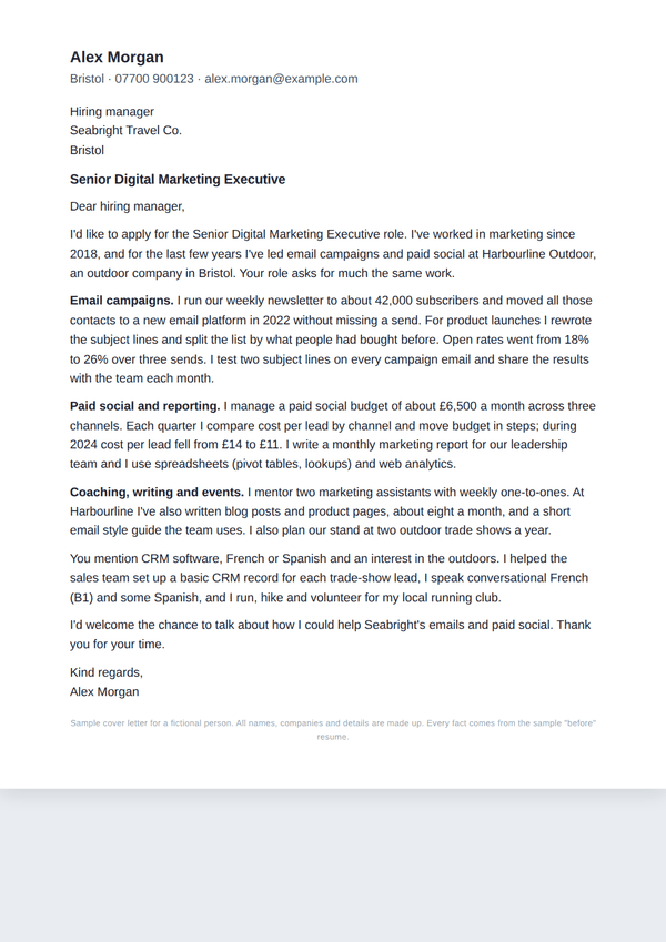 Cover letter: sample for the fictional Alex Morgan, page 1