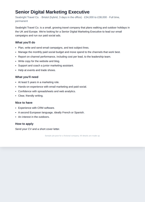 Job post: sample for the fictional Alex Morgan, page 1