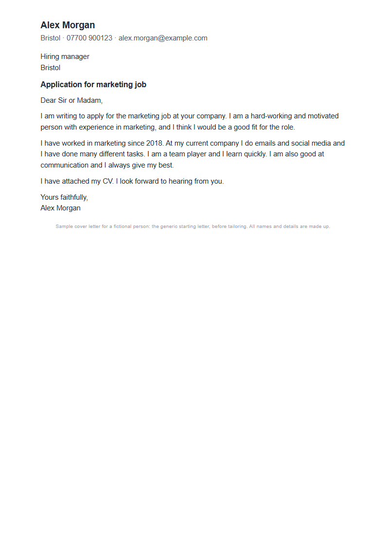 Generic cover letter for the fictional Alex Morgan, before tailoring