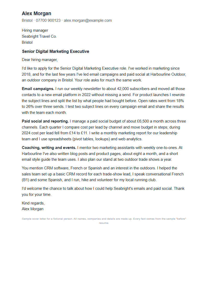 Tailored cover letter for the fictional Alex Morgan